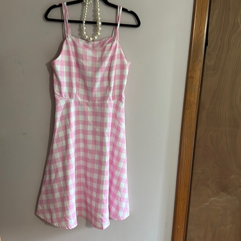 Pink and white plaid dress.